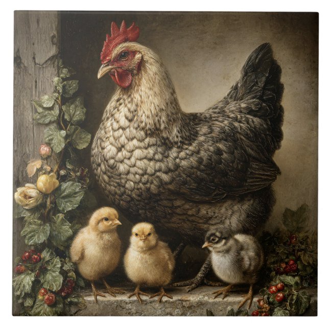 Rustic Chicken Hen with Chicks Tile (Front)