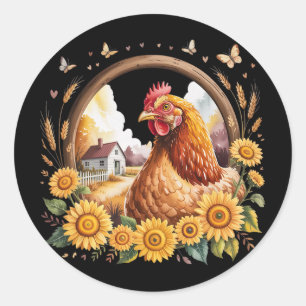 Rustic Chicken Sunflower Farmhouse Scene Frame Classic Round Sticker