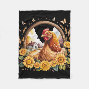 Rustic Chicken Sunflower Farmhouse Scene Frame Fleece Blanket