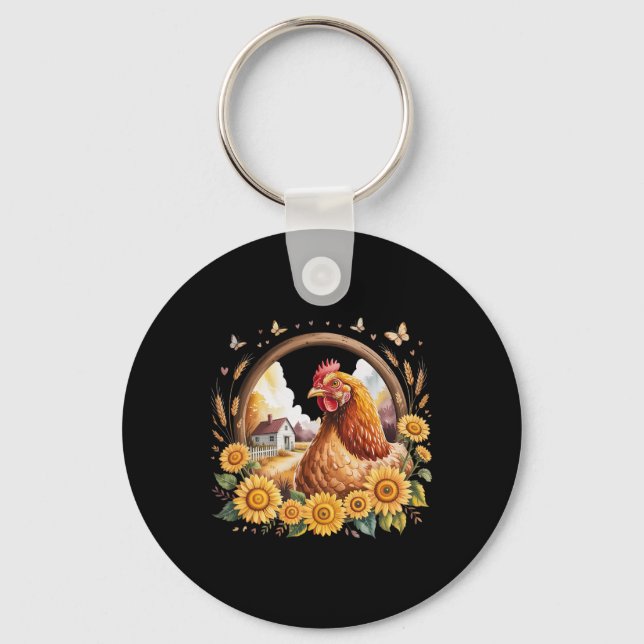 Rustic Chicken Sunflower Farmhouse Scene Frame  Key Ring (Front)