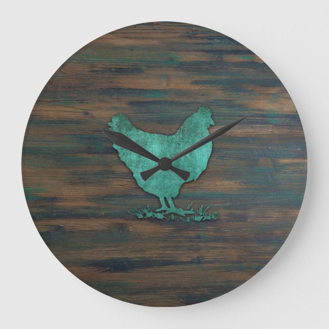 Rustic Chicken (Teal) Large Clock (Front)