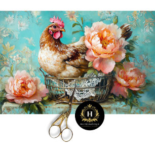 Rustic Chicken Wire Basket Peach Peonies Decoupage Tissue Paper