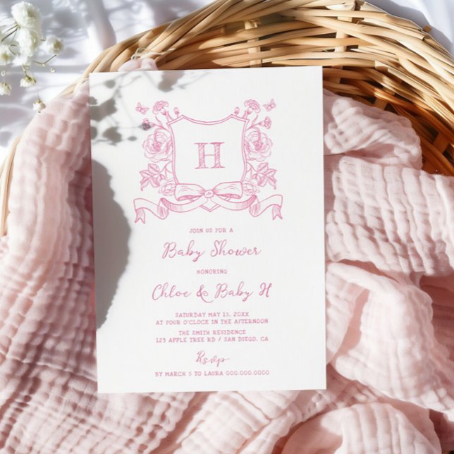 Rustic Chinoiserie Bow Floral Crest Baby Shower Invitation (Creator Uploaded)
