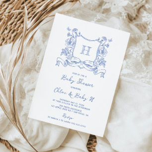 Rustic Chinoiserie Bow Floral Crest Baby Shower Invitation