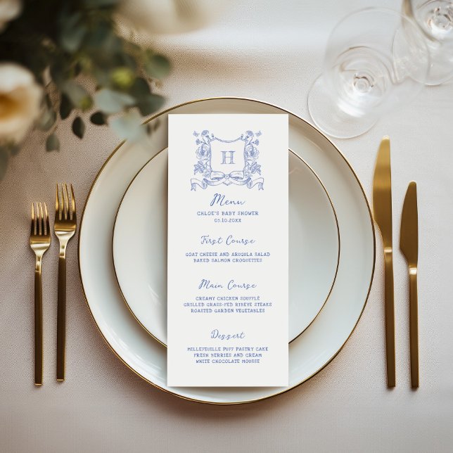 Rustic Chinoiserie Bow Floral Crest Baby Shower Menu (Creator Uploaded)