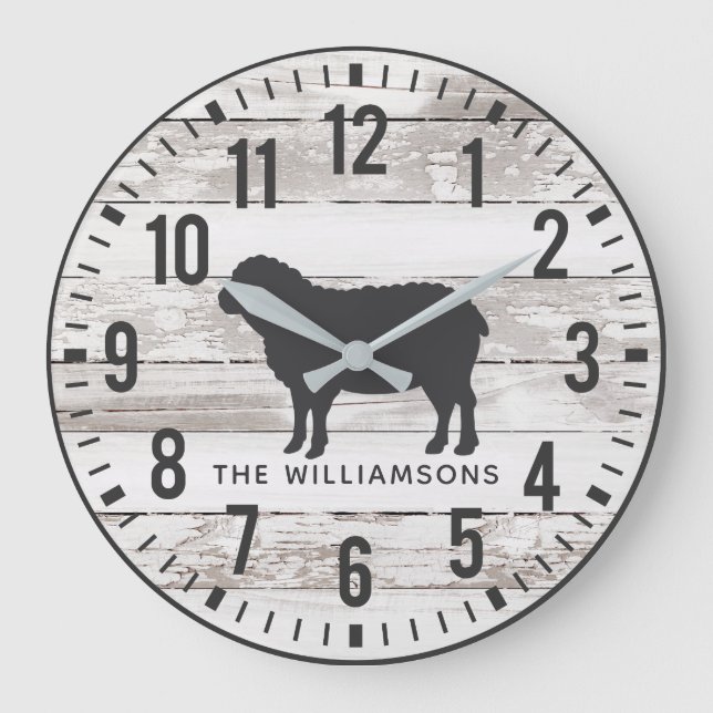 Rustic Chippy Planks Custom Family Name Sheep Large Clock (Front)