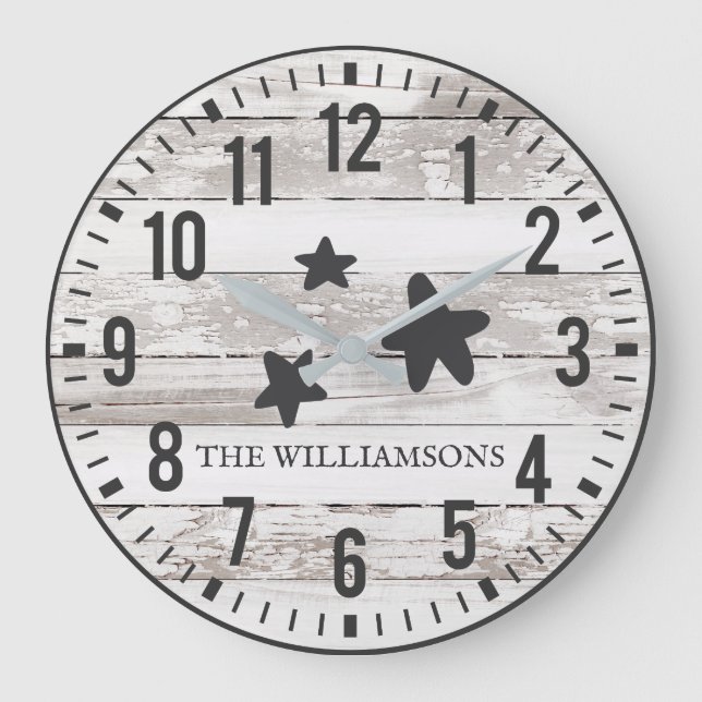 Rustic Chippy Planks Custom Family Name Stars Large Clock (Front)