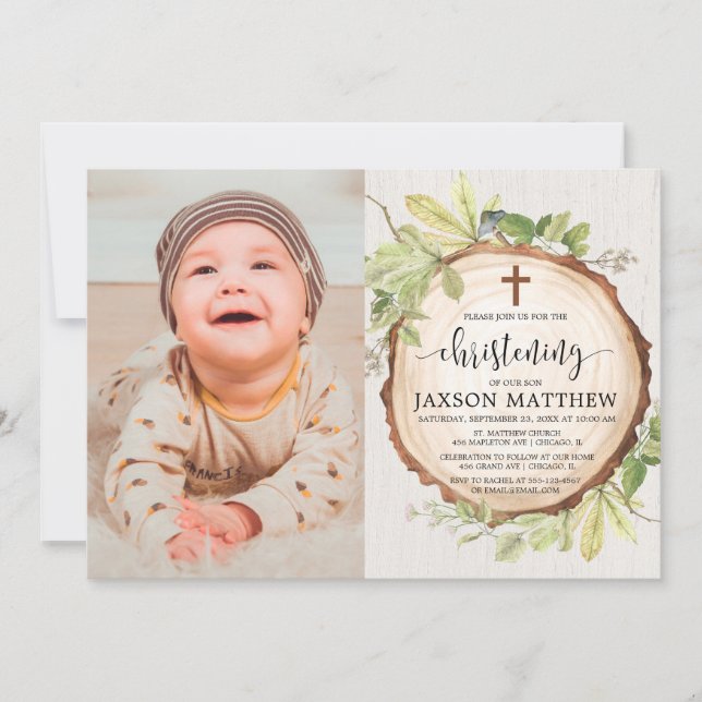 Rustic christening photo woodland fall foliage invitation (Front)