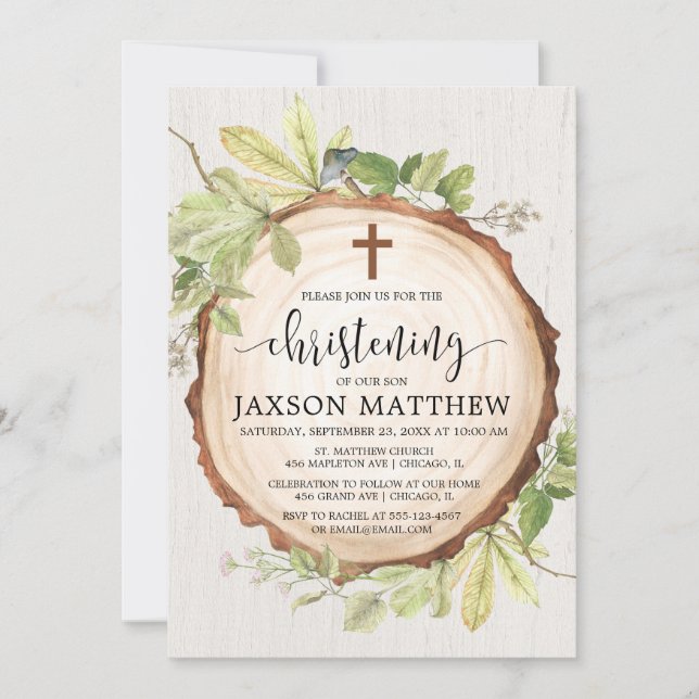 Rustic christening woodland fall foliage greenery invitation (Front)