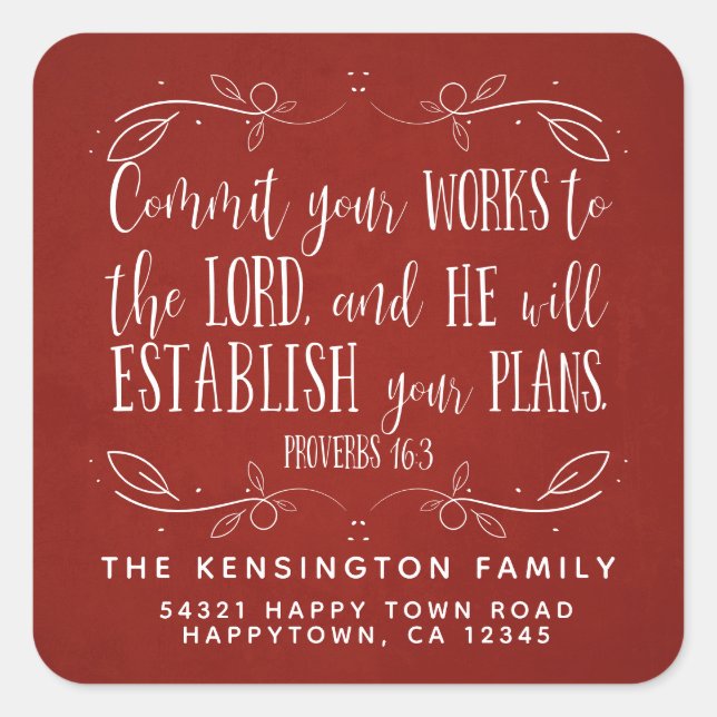 Rustic Christian Bible Verse Red Address Square Sticker (Front)