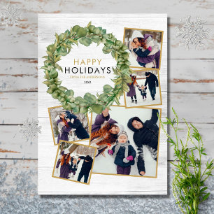 Rustic Christmas 5 Photo Collage Greenery Wreath Holiday Card