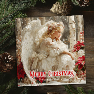 Rustic Christmas angel red poinsettias seasonal   Holiday Card