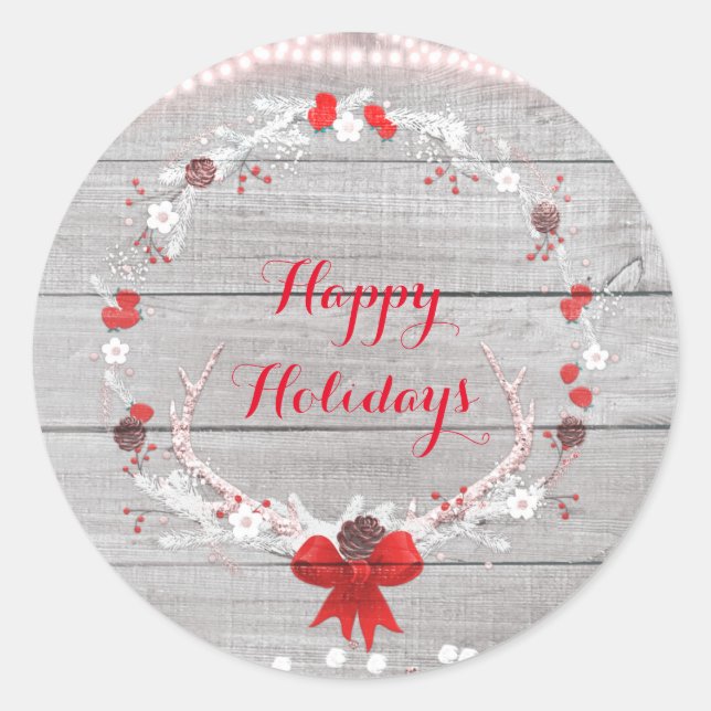 Rustic Christmas Antler White Wood Elegant Holiday Classic Round Sticker (Front)