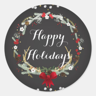Rustic Christmas Antler Wreath Holiday Party Favou Classic Round Sticker