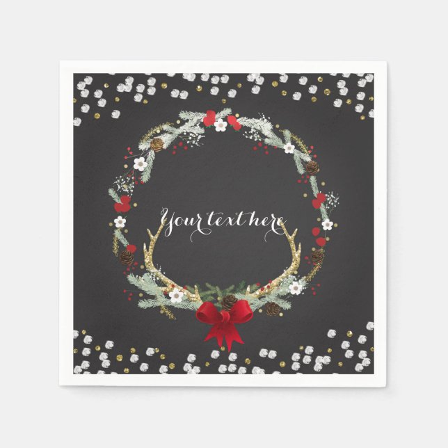 Rustic Christmas Antler Wreath Holiday Party Napkin (Front)