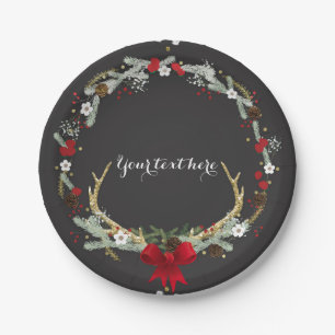 Rustic Christmas Antler Wreath Holiday Party Paper Plate