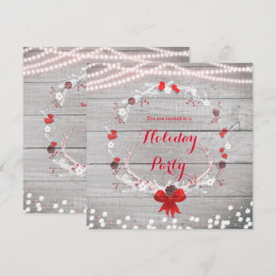 Rustic Christmas Antler Wreath White Wood Invitation