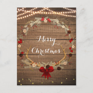 Rustic Christmas Antler Wreath Wood & Lights Holiday Postcard