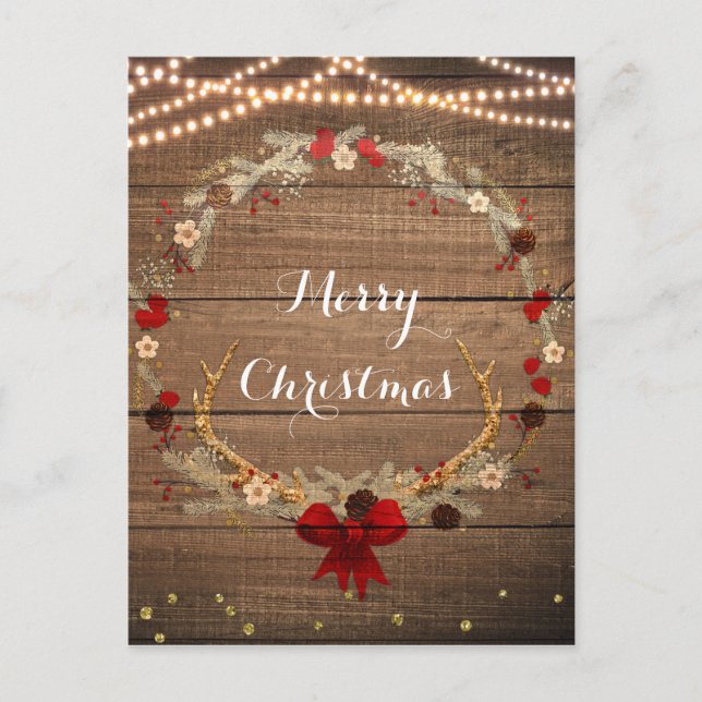 Rustic Christmas Antler Wreath Wood & Lights Holiday Postcard (Front)
