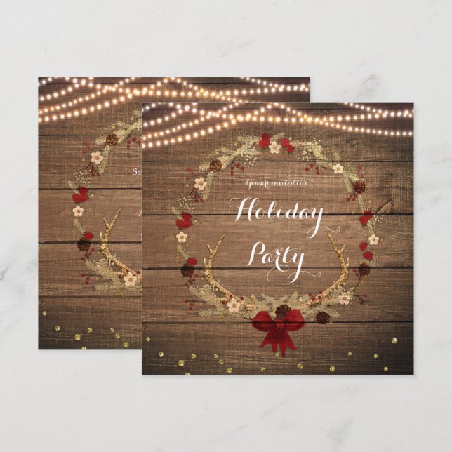 Rustic Christmas Antler Wreath Wood & Lights Invitation (Front/Back)