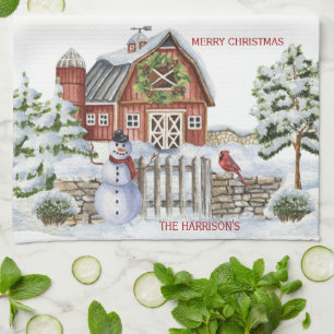 Rustic Christmas Barn Scene Snowman, Snow, Bird Tea Towel