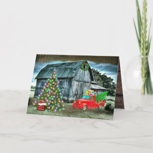 Rustic Christmas Barn Truck Christmas Tree at Farm Holiday Card