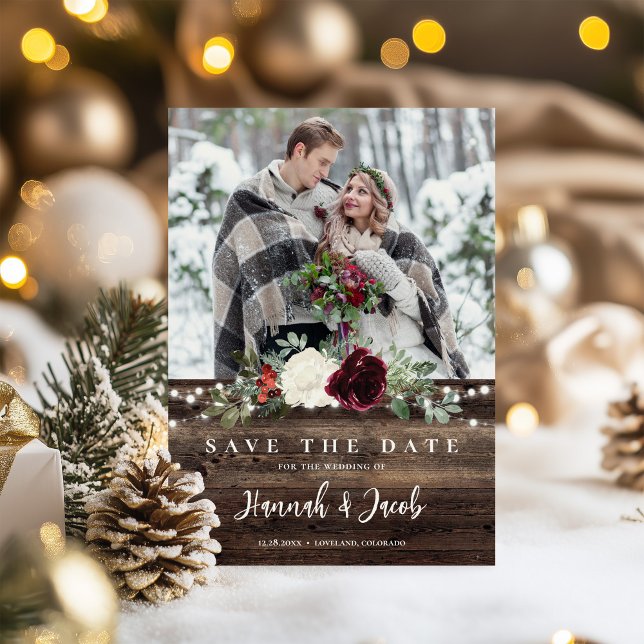 Rustic Christmas Barn Wood String Lights Save The Date (Creator Uploaded)