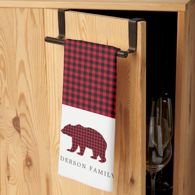 Rustic Christmas Bear Plaid Family Name Tea Towel (Thirds Fold)