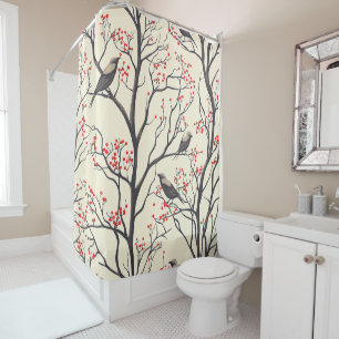 Rustic Christmas Birds Red Berry Cream Shower Curtain