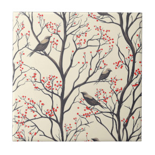 Rustic Christmas Birds Red Berry Cream Tile
