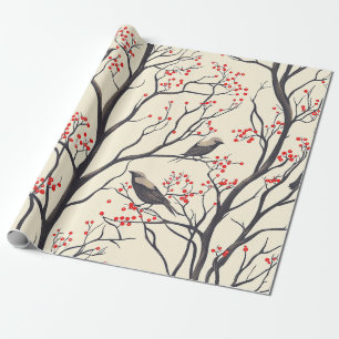 Rustic Christmas Birds Red Berry Cream Wrapping Paper