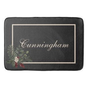 Rustic Christmas Black & Cream Name Pine Bath Mat