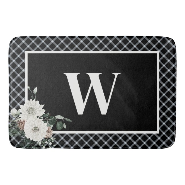 Rustic Christmas Black & White Monogram Pine Bath Mat (Front)