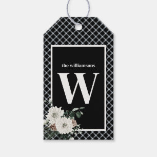 Rustic Christmas Black & White Plaid Monogram Pine Gift Tags