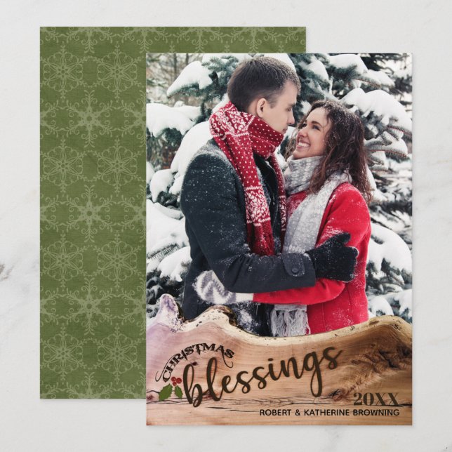 Rustic Christmas Blessings Single Photo Holiday Card (Front/Back)