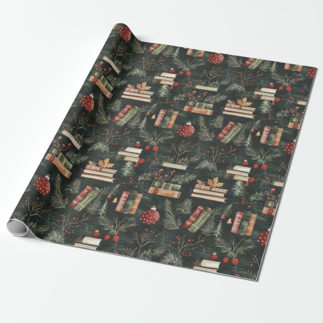 Rustic Christmas Book Lover Wrapping Paper (Unrolled)