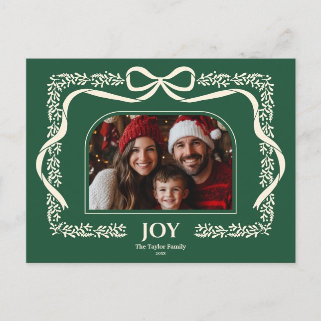 Rustic Christmas Botanical Bow Ribbon Photo Frame Postcard (Front)