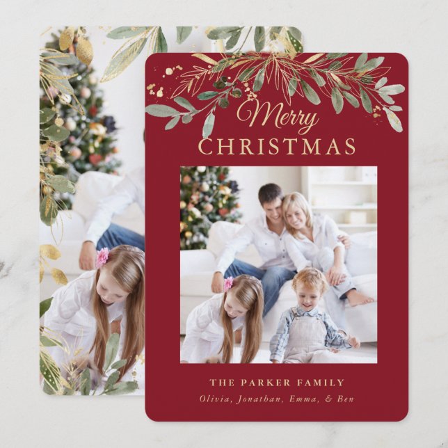 Rustic Christmas Botanical | Two Photo and Gold Holiday Card (Front/Back)