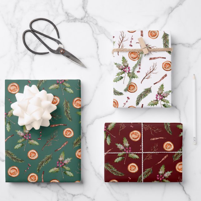 Rustic Christmas Botanicals Wrapping Paper Sheets (Front)
