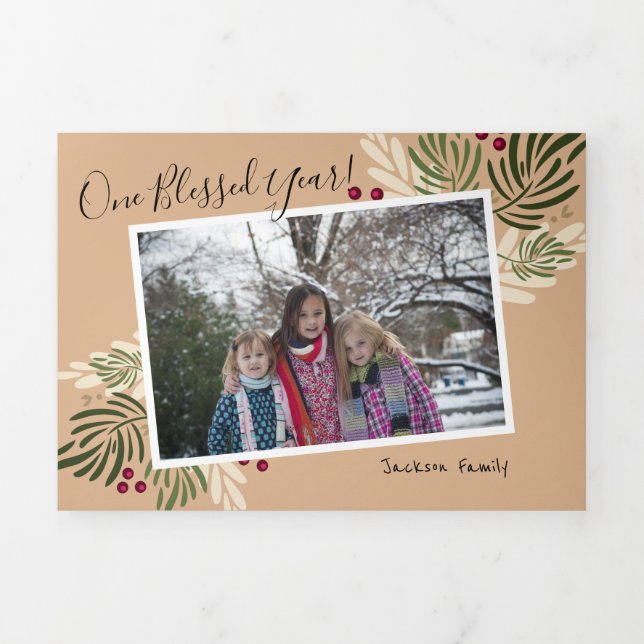 Rustic Christmas Branches and Berries Multi Photo Tri-Fold Holiday Card (Cover)