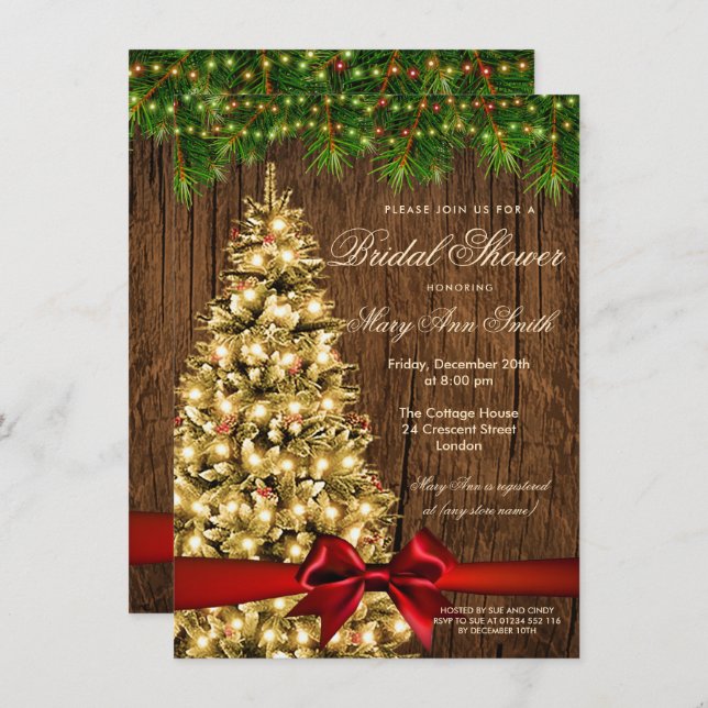 Rustic Christmas Bridal Shower Tree & Ribbon Invitation (Front/Back)