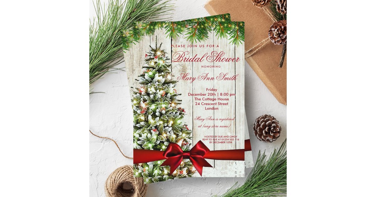 Rustic Christmas Bridal Shower Tree & Ribbon Invitation | Zazzle