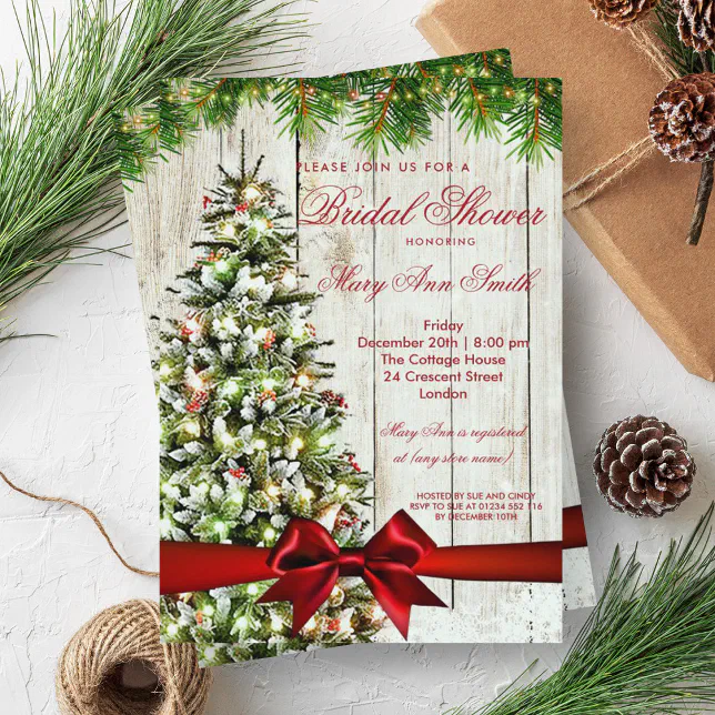 Rustic Christmas Bridal Shower Tree & Ribbon Invitation | Zazzle