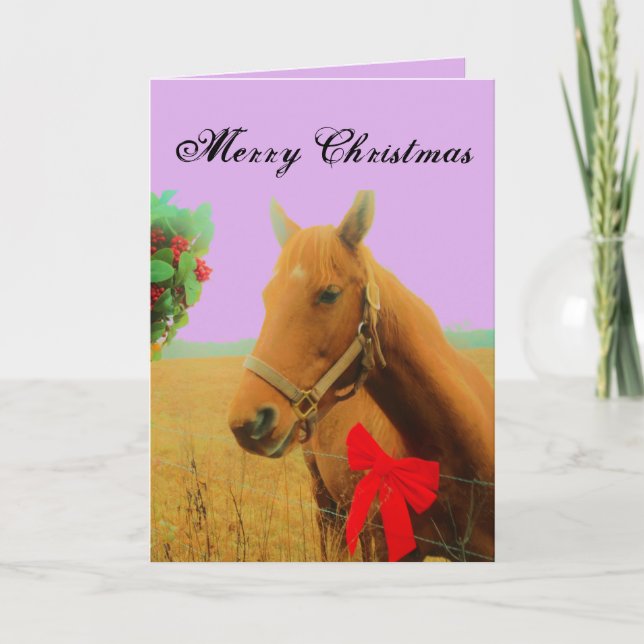 Rustic Christmas Brown Horse  Red Bow modern Pink Holiday Card (Front)