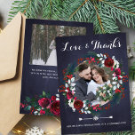 Rustic Christmas burgundy floral photo wedding Thank You Card<br><div class="desc">Winter rustic farmhouse wedding thank you photo card with white and red burgundy chic watercolor peony roses flowers and blooms wreath with seasonal pine hunter green fir branches and holly berries over a dark navy chalkboard background. Personalise it with 2 photos, with your signature and text on both sides! An...</div>