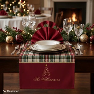 Rustic Christmas Burgundy Red Tartan Gold Script Short Table Runner