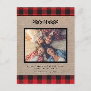 Rustic Christmas Burlap Monogram Photo Holiday  Po Postcard