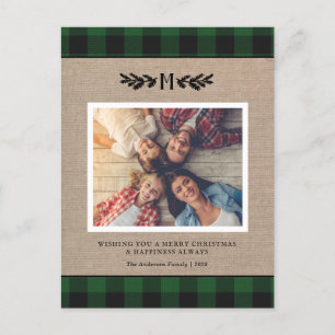 Rustic Christmas Burlap Monogram Photo Holiday  Postcard
