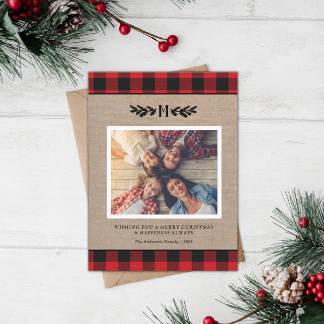 Rustic Christmas Burlap Monogram Photo Holiday  Postcard (Creator Uploaded)