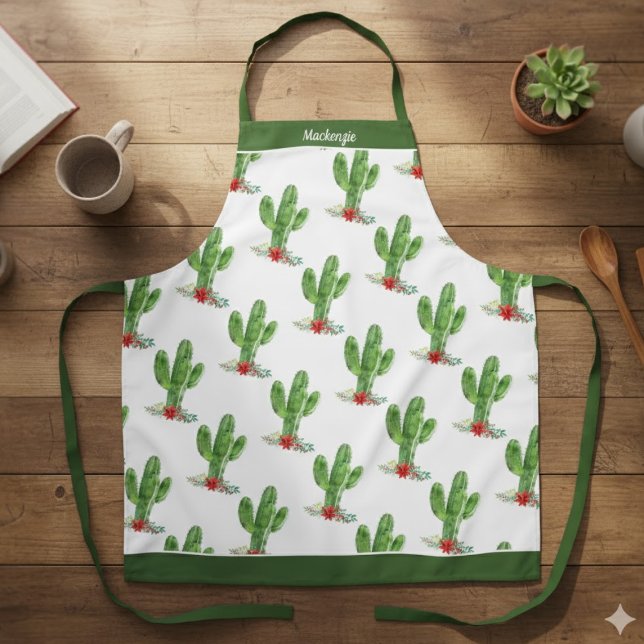 Rustic Christmas Cactus Poinsettia Holly Holiday Apron (Creator Uploaded)